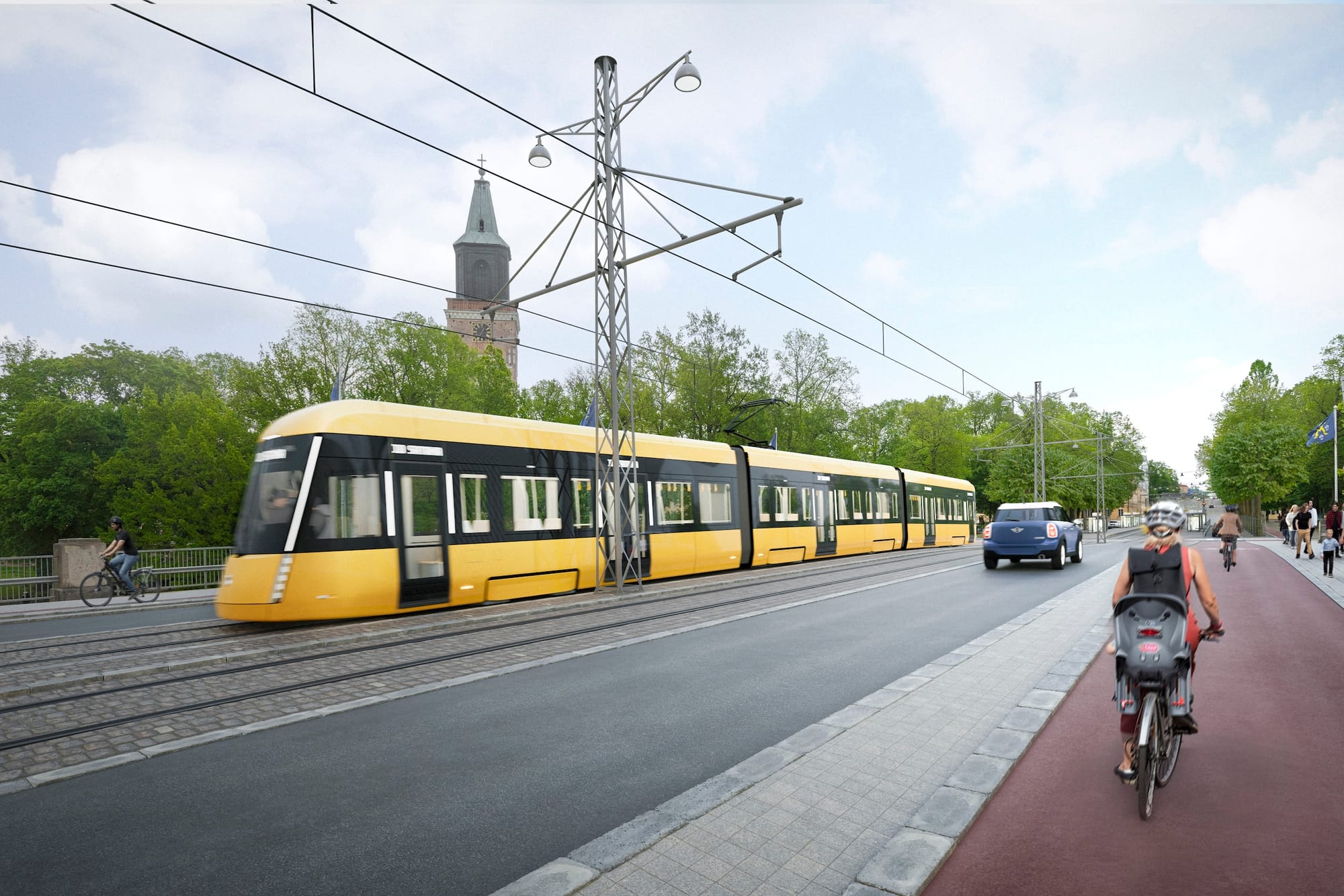 Gelber Tramwagen auf der Dombrücke in Turku