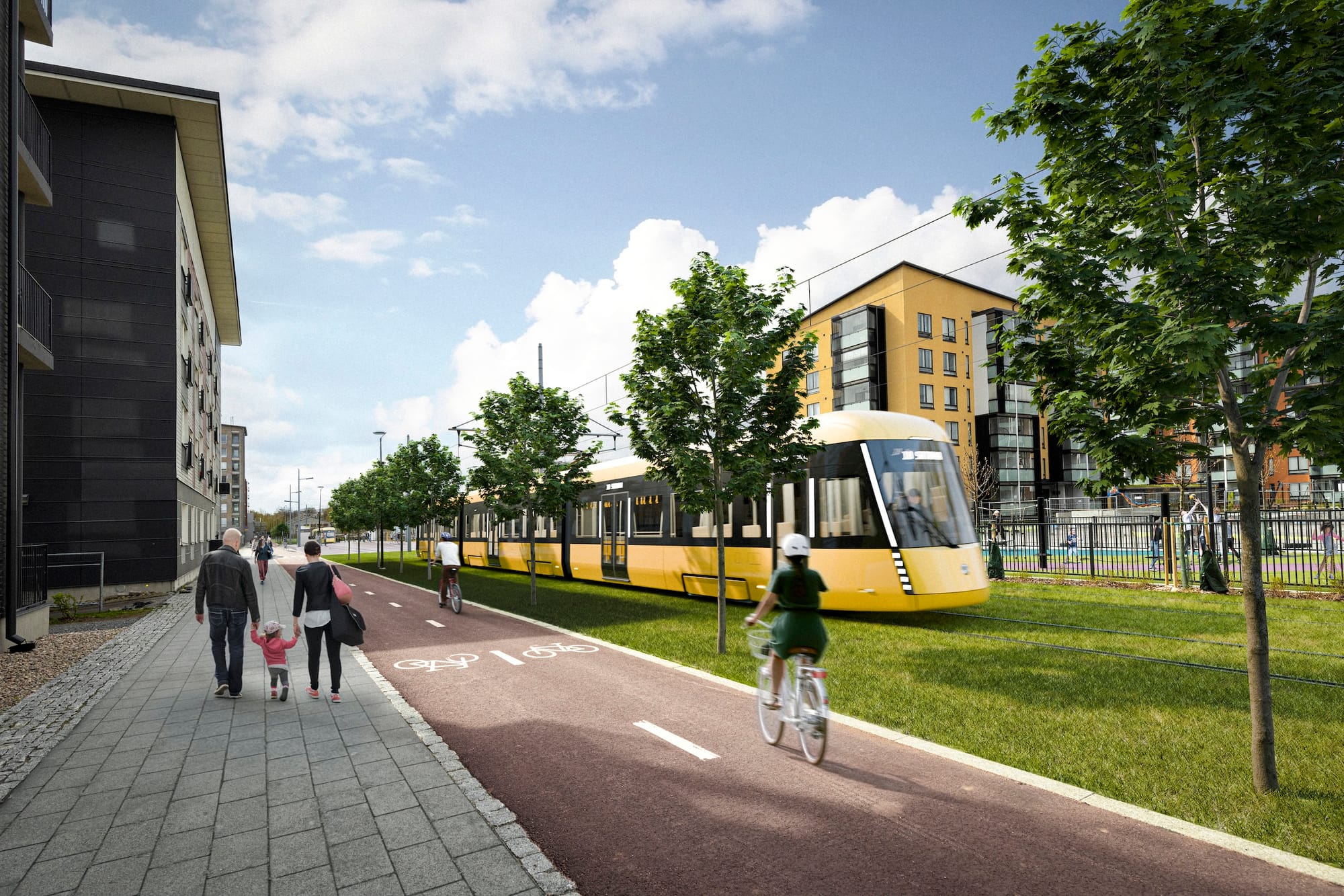 Tram auf Rasengleis, Fußweg und Radweg